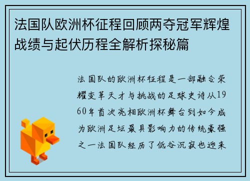 法国队欧洲杯征程回顾两夺冠军辉煌战绩与起伏历程全解析探秘篇